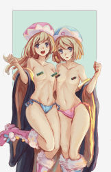 Rule 34 | 10s, 2girls, aged up, blue eyes, blue panties, blush, boots, breasts, censored, censored nipples, fur trim, highres, long hair, looking at viewer, remembering, multiple girls, name connection, navel, neptune (series), no bra, novelty censor, object namesake, open mouth, panties, pink panties, ram (computer), ram (neptunia), rom (neptunia), short hair, siblings, side-tie panties, sisters, small breasts, smile, softmode, twins, underwear, usb