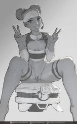 Rule 34 | 1girl, apex legends, bottomless, breasts, crop top, dark-skinned female, dark skin, double bun, double v, drone, elbow pads, eyeliner, feet out of frame, gloves, greyscale, headband, headset, highres, inverted nipples, lifeline (apex legends), lips, looking at viewer, makeup, mask, mask around neck, monochrome, naftosaur, narrow waist, navel, nipple slip, nipples, nose, pussy, short hair, sitting, skindentation, small breasts, smile, solo, spread legs, uncensored, v, very dark skin