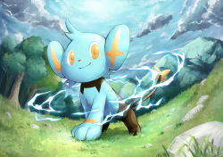 Rule 34 | absurdres, closed mouth, cloud, commentary request, creatures (company), day, electricity, full body, game freak, gen 4 pokemon, grass, highres, huge filesize, kareha p, nintendo, no humans, outdoors, pokemon, pokemon (creature), shinx, sky, smile, solo, standing, stone, toes, tree, yellow eyes