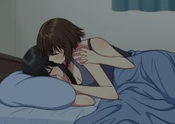 Rule 34 | 2girls, absurdres, bed, black hair, breasts, brown hair, camisole, cleavage, closed eyes, hand on another&#039;s shoulder, highres, indoors, kissing hair, long hair, lying, multiple girls, on bed, on side, original, pillow, ryuusa, short hair, under covers, yuri