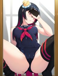 Rule 34 | 1girl, arata, ass, black hair, black one-piece swimsuit, black sailor collar, black thighhighs, breasts, cameltoe, cellphone, colored inner hair, duck hair ornament, genderswap, genderswap (mtf), head tilt, highres, long hair, looking at mirror, looking at viewer, medium breasts, mirror, multicolored hair, nail polish, neckerchief, one-piece swimsuit, phone, pink nails, purple hair, red eyes, red neckerchief, reflection, ren (witch&#039;s weapon), rubber duck, sailor collar, school swimsuit, selfie, smartphone, solo, spread legs, swimsuit, thighhighs, two-tone hair, very long hair, witch&#039;s weapon