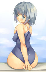 Rule 34 | 1girl, ass, blue hair, blush, from behind, green eyes, huge ass, looking back, mikage sekizai, one-piece swimsuit, original, pool, short hair, sitting, solo, swimsuit