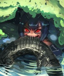 Rule 34 | 10s, 1girl, animal, blood, blood on face, borrowed character, bow (bhp), commentary request, crocodile, crocodilian, fictional persona, giant otter (kemono friends) (kuro (kurojill)), grey hair, kemono friends, looking at viewer, mouth hold, original, partially submerged, sharp teeth, short hair, solo, teeth, v-shaped eyebrows, water