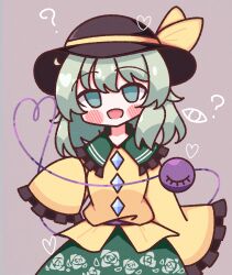 Rule 34 | 1girl, :d, ?, absurdres, black hat, blush, bow, buttons, diamond button, floral print, frilled shirt collar, frilled sleeves, frills, green eyes, green hair, green skirt, hat, hat bow, heart, heart of string, highres, komeiji koishi, light green hair, long sleeves, looking at viewer, medium hair, open mouth, rose print, shirt, simple background, skirt, sleeves past fingers, sleeves past wrists, smile, solo, spoken question mark, third eye, touhou, waroemon, yellow bow, yellow shirt