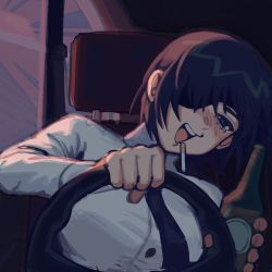Rule 34 | alcohol, beer, beer bottle, chainsaw man, cigarette, driving, drunk, eyepatch, formal, green eyes, highres, himeno (chainsaw man), liowig, messy hair, steering wheel, suit