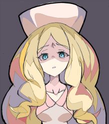 Rule 34 | 1girl, blonde hair, blue eyes, breasts, caitlin (pokemon), collarbone, creatures (company), disgust, elite four, enpe, game freak, grey background, grey eyes, hat, looking at viewer, medium breasts, nintendo, pink hat, pokemon, pokemon bw, shaded face, simple background, solo, upper body