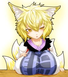 Rule 34 | 1girl, animal ears, blonde hair, breast rest, breasts, collarbone, dress, female focus, fox ears, fox tail, huge breasts, large breasts, multiple tails, no headwear, no headwear, open mouth, short hair, slit pupils, solo, tabard, tail, touhou, uneven eyes, upper body, white dress, yakumo ran, yellow eyes, yuuki (yukigeshou hyouka)