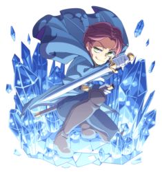 Rule 34 | 1boy, belt, blue eyes, boots, cape, capelet, frozen (disney), hans (frozen), ice, itou (mogura), kneeling, male focus, on one knee, red hair, smile, solo, stalagmite, sword, tongue, tongue out, weapon