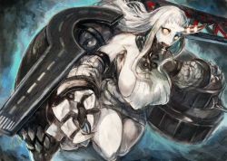 Rule 34 | 10s, 1girl, abyssal ship, bad id, bad pixiv id, bare shoulders, breasts, claws, covered erect nipples, detached collar, detached sleeves, dress, gradient background, horns, huge breasts, kantai collection, long hair, matsuba (idiotlantern), mecha musume, ribbed dress, seaport princess, short dress, sideboob, single horn, solo, white hair, yellow eyes