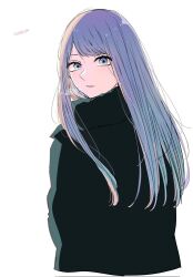 Rule 34 | 1girl, blue eyes, blue hair, breath, commentary, cropped torso, dated, grey background, highres, kurokawa akane, long hair, looking at viewer, nara (menosora), oshi no ko, parted lips, simple background, solo, upper body, winter clothes