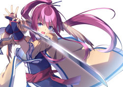 Rule 34 | 1girl, absurdly long hair, ainu clothes, animal ears, aquaplus, blue eyes, breasts, coat, dress, from side, gauntlets, gradient eyes, hair between eyes, hair ornament, head wings, high ponytail, highres, holding, holding sword, holding weapon, katana, large breasts, long hair, long sleeves, looking at viewer, multicolored eyes, oktavia, open clothes, open coat, open mouth, ponytail, purple hair, sash, sidelocks, simple background, solo, sword, tongue, touka (utawarerumono), upper body, utawarerumono, very long hair, weapon, white background, wide sleeves, wings
