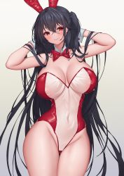 Rule 34 | 1girl, absurdres, animal ears, arms behind head, azur lane, black hair, bow, bowtie, breasts, cameltoe, cleavage, collarbone, covered navel, cowboy shot, curvy, detached collar, fake animal ears, grey background, hair between eyes, highres, large breasts, leotard, long hair, meme attire, nipple slip, nipples, pinkcap, playboy bunny, rabbit ears, red bow, red bowtie, red eyes, see-through, see-through leotard, side ponytail, skin tight, smile, solo, strapless, strapless leotard, taihou (azur lane), thighs, translucent bunnysuit, very long hair, wrist cuffs