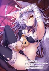 Rule 34 | 1girl, absurdres, animal ear fluff, animal ears, arm up, armpits, bandaged arm, bandages, bare shoulders, black bra, black panties, black thighhighs, bow, bowtie, bra, breasts, chain, chestnut mouth, cleavage, covered erect nipples, cross, eyepatch, fox ears, fox girl, fox tail, frilled bra, frilled panties, frills, hair spread out, highres, hugging doll, hugging object, latin cross, lingerie, long hair, looking at viewer, lying, medium breasts, nail polish, no shoes, original, panties, parted lips, purple hair, purple nails, scan, shiori (tateha), solo, stomach, stuffed animal, stuffed toy, tail, tateha (marvelous grace), teddy bear, thighhighs, thighs, underwear, underwear only, window shadow, yellow eyes