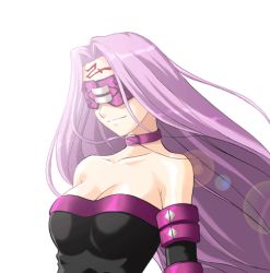 Rule 34 | 00s, 1girl, bare shoulders, blindfold, breasts, cleavage, collar, collarbone, detached sleeves, dress, fate/stay night, fate (series), large breasts, lens flare, long hair, medusa (fate), medusa (rider) (fate), purple hair, simple background, smile, solo, strapless, strapless dress, upper body, very long hair, white background