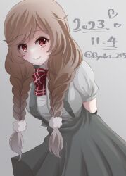 Rule 34 | 1girl, blush, bow, bowtie, braid, breasts, cloud hair ornament, dated, gradient background, grey background, highres, kantai collection, large breasts, light brown hair, long hair, looking at viewer, low twin braids, minegumo (kancolle), plaid, plaid bow, plaid bowtie, pleated skirt, red bow, red bowtie, red eyes, ryouki (ryoki 215), shirt, simple background, skirt, solo, suspenders, twin braids, twitter username, white shirt