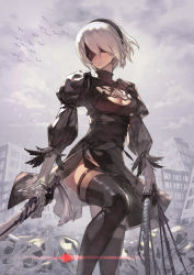 Rule 34 | 1girl, absurdres, black dress, blindfold, boots, breasts, cleavage, cleavage cutout, clothing cutout, cloud, cloudy sky, dress, feather-trimmed sleeves, hairband, highres, katahira (hiyama), katana, medium breasts, nier (series), nier:automata, ruins, sky, solo, sword, thigh boots, thighhighs, weapon, white hair, 2b (nier:automata)