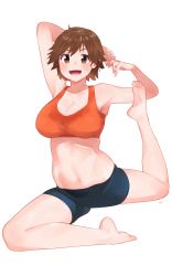 Rule 34 | 1girl, :d, armpits, arms behind back, bare legs, barefoot, bike shorts, black shorts, blush, breasts, brown eyes, brown hair, cleavage, feet, flexible, full body, highres, honda mio, idolmaster, idolmaster cinderella girls, large breasts, looking at viewer, navel, open mouth, ryusei hashida, short hair, shorts, signature, simple background, smile, solo, split, sports bra, stretching, sweat, tagme, toned, white background