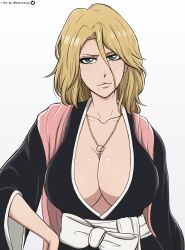 Rule 34 | 1girl, absurdres, bleach, blonde hair, blue eyes, blush, breasts, cleavage, closed mouth, hand on own hip, highres, large breasts, long hair, looking at viewer, matsumoto rangiku, mistowing, mole, mole under mouth, no bra, smile, solo, upper body