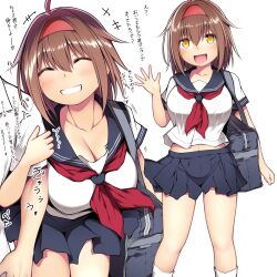 Rule 34 | +++, 1boy, 1girl, absurdres, bag, breasts, brown hair, cleavage, closed eyes, grin, hair between eyes, hairband, highres, kantai collection, kuromayu, large breasts, multiple views, neckerchief, open mouth, orange eyes, pleated skirt, red hairband, red neckerchief, sailor collar, school bag, school uniform, serafuku, shiratsuyu (kancolle), shirt, short hair, short sleeves, simple background, skirt, smile, solo focus, translation request, white background, white shirt