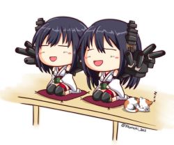 Rule 34 | 10s, 2girls, akatsuki akane, bare shoulders, black hair, cannon, cat, chibi, closed eyes, cup, detached sleeves, fusou (kancolle), gradient background, hair ornament, japanese clothes, kantai collection, multiple girls, nontraditional miko, open mouth, seiza, sitting, smile, teacup, turret, twitter username, yamashiro (kancolle), yunomi
