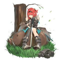 Rule 34 | 1girl, ahoge, ankle boots, armor, black hairband, boar, boots, closed mouth, copyright request, dead animal, gloves, grass, green eyes, grey background, grey footwear, grey gloves, hair ornament, hairband, highres, holding, holding sword, holding weapon, knees together feet apart, falling leaves, looking at viewer, one side up, pigeon-toed, planted sword, planted, red hair, short hair, shoulder armor, single pauldron, single thighhigh, sitting, smile, solo, somehira katsu, pauldrons, sword, thighhighs, tree, weapon, white background