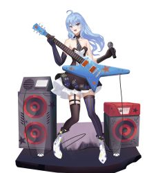 Rule 34 | 1girl, absurdres, bare shoulders, bass guitar, black gloves, black thighhighs, blue eyes, blue hair, boost404, boots, breasts, brown dress, collarbone, dress, elbow gloves, full body, gloves, guitar, highres, holding, holding instrument, holding microphone, instrument, long hair, looking at viewer, microphone, open mouth, original, simple background, small breasts, smile, solo, standing, striped clothes, striped gloves, striped thighhighs, thighhighs