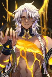 Rule 34 | 1boy, artist name, braid, bridal gauntlets, brown background, closed mouth, commentary, commentary request, dark-skinned male, dark skin, detached collar, english commentary, facebook logo, facebook username, facial scar, frown, glint, hair between eyes, hand up, highres, honkai: star rail, honkai (series), lannitae, long hair, looking at viewer, male focus, multiple braids, nanook (honkai: star rail), parted bangs, scar, scar on cheek, scar on face, serious, sidelocks, signature, solo, twitter logo, twitter username, upper body, white hair, yellow eyes