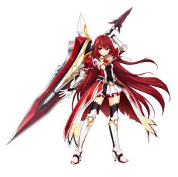 Rule 34 | 1girl, absurdres, armor, armored dress, artist request, black thighhighs, braid, detached collar, elesis (elsword), elsword, full body, gloves, grand master (elsword), greaves, half updo, highres, holding, holding weapon, huge weapon, long hair, neckerchief, no nose, overskirt, red eyes, red hair, serious, solo, standing, sword, thighhighs, very long hair, weapon, white background, white gloves, zettai ryouiki