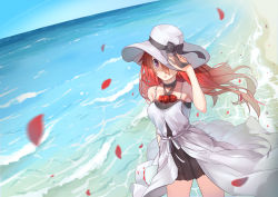 Rule 34 | 1girl, bare shoulders, beach, collarbone, day, dress, faddawdle, hat, hat ribbon, highres, long hair, ocean, original, outdoors, petals, purple eyes, red hair, ribbon, solo, water, zz199595