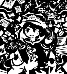 Rule 34 | 2girls, book, bow, buttons, candle, chibi, epaulettes, frilled hat, frills, gavel, greyscale, hat, high contrast, holding, ink stamp, inkwell, looking to the side, magnifying glass, monochrome, multiple girls, onozuka komachi, open mouth, papers, pen, rod of remorse, scythe, shiki eiki, short hair, sleeve bow, solo focus, sparkle, sweatdrop, thatpebble, touhou, upper body, vest, weighing scale