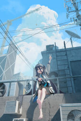 Rule 34 | 1girl, absurdres, air conditioner, aris (blue archive), arm up, barefoot, black hair, black skirt, blue archive, blue eyes, blue halo, blue necktie, blue sky, building, city, cloud, collared shirt, commentary, crane (machine), cumulonimbus cloud, day, feet, hair between eyes, halo, handheld game console, highres, holding, holding handheld game console, jacket, ladder, legs, long hair, long hair between eyes, looking at viewer, mr ito, necktie, open clothes, open jacket, open mouth, outdoors, pleated skirt, power lines, radio tower, railing, satellite dish, shadow, shirt, shoes, sitting, skirt, sky, skyscraper, smile, soles, solo, sunlight, teeth, toes, unworn shoes, upper teeth only, v, very long hair, white footwear, white jacket, white shirt