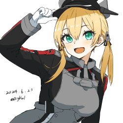 Rule 34 | 1girl, absurdres, anchor hair ornament, armor, bigkwl, blonde hair, breastplate, cross, dated, gloves, green eyes, grey hat, hair ornament, hat, highres, holding, holding clothes, holding hat, iron cross, kantai collection, low twintails, military uniform, one-hour drawing challenge, open mouth, peaked cap, prinz eugen (kancolle), simple background, smile, solo, twintails, twitter username, uniform, upper body, white background, white gloves