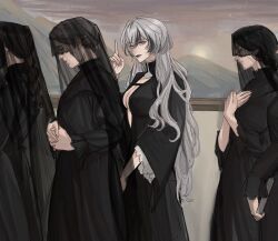 Rule 34 | 4girls, black dress, black hair, braid, breasts, center opening, cleavage, closed mouth, deerwhisky, dress, funeral dress, grey eyes, grey hair, hair between eyes, highres, index finger raised, large breasts, long hair, long sleeves, mole, mole on nose, multicolored hair, multiple girls, oak casket (path to nowhere), painting (object), path to nowhere, short hair, streaked hair, two-tone hair, veil, very long hair