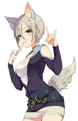Rule 34 | 1girl, :3, animal ears, bare shoulders, belt, black eyes, blush, breasts, brown choker, choker, cleavage, closed mouth, clothing cutout, collarbone, cowboy shot, fake animal ears, fake tail, fox ears, fox shadow puppet, fox tail, green belt, grey hair, hair between eyes, hands up, holding, holding paper, idolmaster, idolmaster cinderella girls, idolmaster cinderella girls starlight stage, long sleeves, looking at viewer, medium breasts, multiple belts, paper, partially unzipped, shiomi syuko, shirt, short hair, shoulder cutout, simple background, smile, solo, standing, tail, two-tone dress, white background, white shirt, yoshino saku, zipper