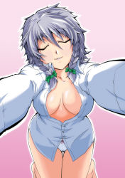 Rule 34 | 1girl, barefoot, braid, breasts, cameltoe, cleavage, closed eyes, facing viewer, female focus, highres, incoming kiss, izayoi sakuya, kurohanagi, large breasts, no bra, no pants, open clothes, open shirt, outstretched arms, panties, pov, reaching, reaching towards viewer, shirt, short hair, silver hair, solo, thigh gap, thighs, touhou, twin braids, unbuttoned, underwear, white shirt