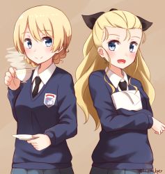 Rule 34 | 10s, assam (girls und panzer), bad id, bad pixiv id, black necktie, black ribbon, blonde hair, blue eyes, blue skirt, blue sweater, braid, brown background, closed mouth, commentary request, crossed arms, cup, darjeeling (girls und panzer), dress shirt, emblem, girls und panzer, hair ribbon, highres, holding, kapatarou, long hair, long sleeves, looking at another, necktie, notepad, open mouth, pleated skirt, ribbon, saucer, school uniform, shirt, short hair, side-by-side, simple background, skirt, smile, st. gloriana&#039;s (emblem), standing, steam, sweater, teacup, twin braids, twitter username, upper body, v-neck, white shirt, yuri