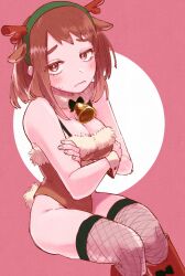 Rule 34 | 1girl, animal costume, antlers, bare hips, bare shoulders, bell, blush, boku no hero academia, boots, breasts, brown eyes, brown hair, cleavage, cowbell, crossed arms, embarrassed, fake antlers, fishnets, hair ornament, highres, horns, knees, large breasts, looking at viewer, neck bell, pink background, reindeer antlers, reindeer costume, short hair, simple background, solo, sweat, thighs, tight clothes, uraraka ochako, yachic00