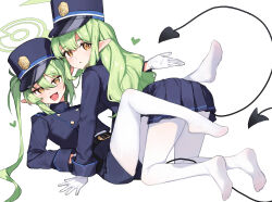 Rule 34 | 2girls, :&lt;, all fours, belt, black belt, black tail, blue archive, blue hat, blue jacket, blue shorts, blue skirt, buttons, closed mouth, demon tail, double-breasted, fang, gloves, green hair, green halo, hair between eyes, halo, hat, heart, highres, hikari (blue archive), jacket, kepi, light blush, long hair, long sleeves, looking at viewer, lying, military hat, multiple girls, no shoes, nozomi (blue archive), on back, open mouth, pantyhose, pleated skirt, pointy ears, short eyebrows, shorts, sidelocks, simple background, skin fang, skirt, smile, tail, tunamayo (dsasd751), twintails, very long hair, white background, white gloves, white pantyhose, yellow eyes