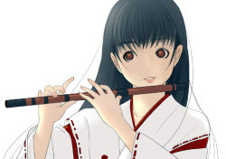 Rule 34 | 1girl, black hair, flute, holding, instrument, japanese clothes, kimono, kiriman (souldeep), lips, long hair, looking to the side, miko, open mouth, original, red eyes, ribbon-trimmed sleeves, ribbon trim, simple background, solo, teeth, upper body, white background