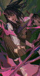 Rule 34 | 1girl, absurdres, black dress, black hair, black socks, blood, blood on clothes, chainsaw man, collared shirt, commentary, dress, dutch angle, facial scar, floating hair, foot out of frame, green background, highres, holding, intestines, leaning forward, legs apart, long hair, long sleeves, looking ahead, open mouth, outstretched arms, pinafore dress, pink blood, red eyes, ringed eyes, scar, scar on cheek, scar on face, school uniform, severed head, shirt, shoes, sleeveless, sleeveless dress, smile, sneakers, socks, solo, standing, stylized blood, tanaka (chainsaw man), v-shaped eyebrows, white footwear, white shirt, yoru (chainsaw man), yurayura (mdeh5447)