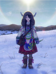 Rule 34 | 1girl, :d, backlighting, bag, beads, black hair, blue eyes, blue sky, boots, braid, close-up, commentary request, cover, day, dress, flower, full body, fur-trimmed hood, fur trim, grey pantyhose, hair over one eye, hair over shoulder, happy, highres, hiko (scape), holding, holding flower, hood, hood up, horns, long hair, mittens, mountainous horizon, one eye covered, open mouth, original, outdoors, pantyhose, pelt, pom pom (clothes), shoulder bag, sky, smile, snow, solo, standing, sun, traditional clothes, twin braids, twintails, winter