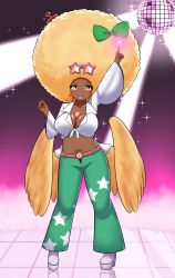 Rule 34 | + +, 1girl, absurdres, afro, alternate hair color, alternate hairstyle, alternate skin color, belt, bird wings, blonde hair, blush, bow, breasts, brown belt, cape, cleavage, collared shirt, comb, commentary request, crop top, dark-skinned female, dark skin, disco ball, eyewear on head, full body, green bow, green pants, hair bow, heart, highres, large breasts, looking at viewer, low wings, midriff, mind control, navel, open mouth, pants, pointing, pointing up, red eyes, reiuji utsuho, shirt, smile, solo, sparkle, standing, star-shaped eyewear, star (symbol), star print, sunglasses, third eye, tied shirt, touhou, white cape, white shirt, wide sleeves, wings, yellow wings, yuafro