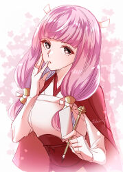 Rule 34 | 1girl, black eyes, capelet, commentary request, fire emblem, fire emblem fates, hand on own face, highres, holding, holding pen, medium bangs, mitama (fire emblem), nintendo, open mouth, pen, pink background, pink hair, red capelet, solo, star-shaped pupils, star (symbol), symbol-shaped pupils, two-tone background, upper body, white background, white sleeves, yutohiroya