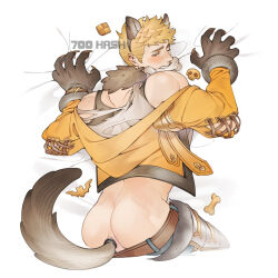 Rule 34 | 1boy, 700hash, anal, anal object insertion, anal tail, animal ears, artist name, ass, back, bara, belt, black pants, black tank top, blonde hair, blush, bone, brown belt, butt plug, clothes pull, cropped jacket, fake tail, granblue fantasy, highres, jacket, male focus, object insertion, official alternate costume, one eye closed, orange jacket, pants, pants pull, sex toy, shirt, short hair, solo, tail, tank top, torn clothes, torn shirt, vane (granblue fantasy), vane (halloween) (granblue fantasy), white shirt, wolf ears, wolf paws, wolf tail