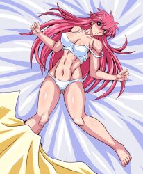 Rule 34 | 1girl, abs, absurdres, bare shoulders, bed sheet, blanket, blush, bra, breasts, clenched hands, collarbone, covered erect nipples, highres, large breasts, long hair, looking at viewer, mighty yukiko, muscular, muscular female, navel, on bed, panties, pink hair, purple eyes, retro artstyle, shiny skin, smile, solo, spiked hair, spread legs, taroimo (00120014), underwear, white bra, white panties, wrestle angels, wrinkled fabric, yellow blanket
