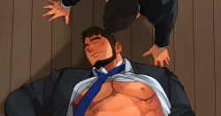 Rule 34 | 2boys, abs, bara, bare pectorals, beard, black eyes, black hair, facial hair, foot out of frame, formal, jacket, large pectorals, lying, male focus, mature male, multiple boys, muscular, muscular male, necktie, nipples, on back, open clothes, open jacket, open shirt, original, paid reward available, pectorals, salaryman, short hair, size difference, sleeping, smile, solo focus, spiked hair, tarutoru, yaoi