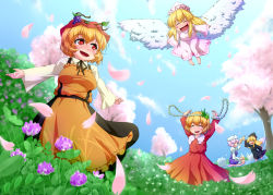 Rule 34 | 5girls, ^ ^, aki minoriko, aki shizuha, angel wings, blonde hair, blush, blush stickers, cherry blossoms, closed eyes, cup, dress, dress shirt, drink, closed eyes, female focus, flower, flower wreath, hat, head wreath, leaf, leaf on head, letty whiterock, light purple hair, lily black, lily white, long hair, multiple girls, object on head, open mouth, outstretched arms, petals, red dress, red eyes, voice actor connection, shirt, short hair, siblings, sisters, skirt, smile, touhou, waribashi-p, white dress, wings