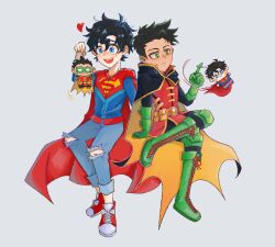 Rule 34 | 2boys, animification, batman (series), belt, black hair, blue eyes, boots, cape, child, damian wayne, dc comics, green eyes, green footwear, hair between eyes, heart, highres, hood, hooded cape, iamkouna, jonathan kent, male focus, multiple boys, open mouth, pants, red cape, red footwear, robin (dc), shoes, simple background, sneakers, super sons, superboy, superhero costume, superman (series), superman logo, torn clothes, torn pants, utility belt, yellow cape