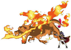 Rule 34 | 1boy, absurdres, animal focus, argyle cape, argyle clothes, arm at side, arm up, baseball cap, beard, black footwear, black gloves, black headwear, black shirt, blacknirrow, breath weapon, breathing fire, brown eyes, cape, charizard, claws, clenched hand, colored sclera, creatures (company), dark-skinned male, dark skin, dragon, facial hair, fiery wings, fire, flame-tipped tail, flying, full body, fur-trimmed cape, fur trim, game freak, gen 1 pokemon, gigantamax, gigantamax charizard, gloves, happy, hat, highres, leggings, leggings under shorts, legs apart, leon (pokemon), long hair, looking to the side, looking up, nintendo, open mouth, outstretched arm, pantyhose, partially fingerless gloves, pointing, pokemon, pokemon (creature), pokemon swsh, purple hair, red cape, red pupils, red sclera, sharp teeth, shirt, shoes, short shorts, short sleeves, shorts, sidelocks, simple background, single glove, smile, smoke, standing, sweatband, teeth, v-shaped eyebrows, white background, white leggings, white shorts, wings, yellow eyes