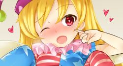 Rule 34 | 1girl, american flag, american flag dress, american flag legwear, blonde hair, blush, clownpiece, drooling, hat, heart, heart-shaped pupils, jester cap, long hair, looking at viewer, naik, red eyes, saliva, simple background, solo, star (symbol), striped, symbol-shaped pupils, touhou, vertical stripes